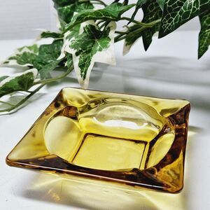 Vintage Mid-Century Square Yellow Amber Ashtray Glass Heavy Ring / Keys Holder